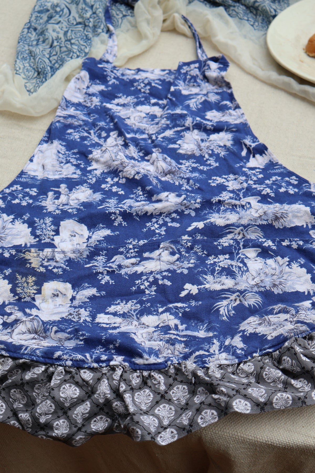 Blue & White Toile de Jouy Kitchen Apron with Gray Ruffle