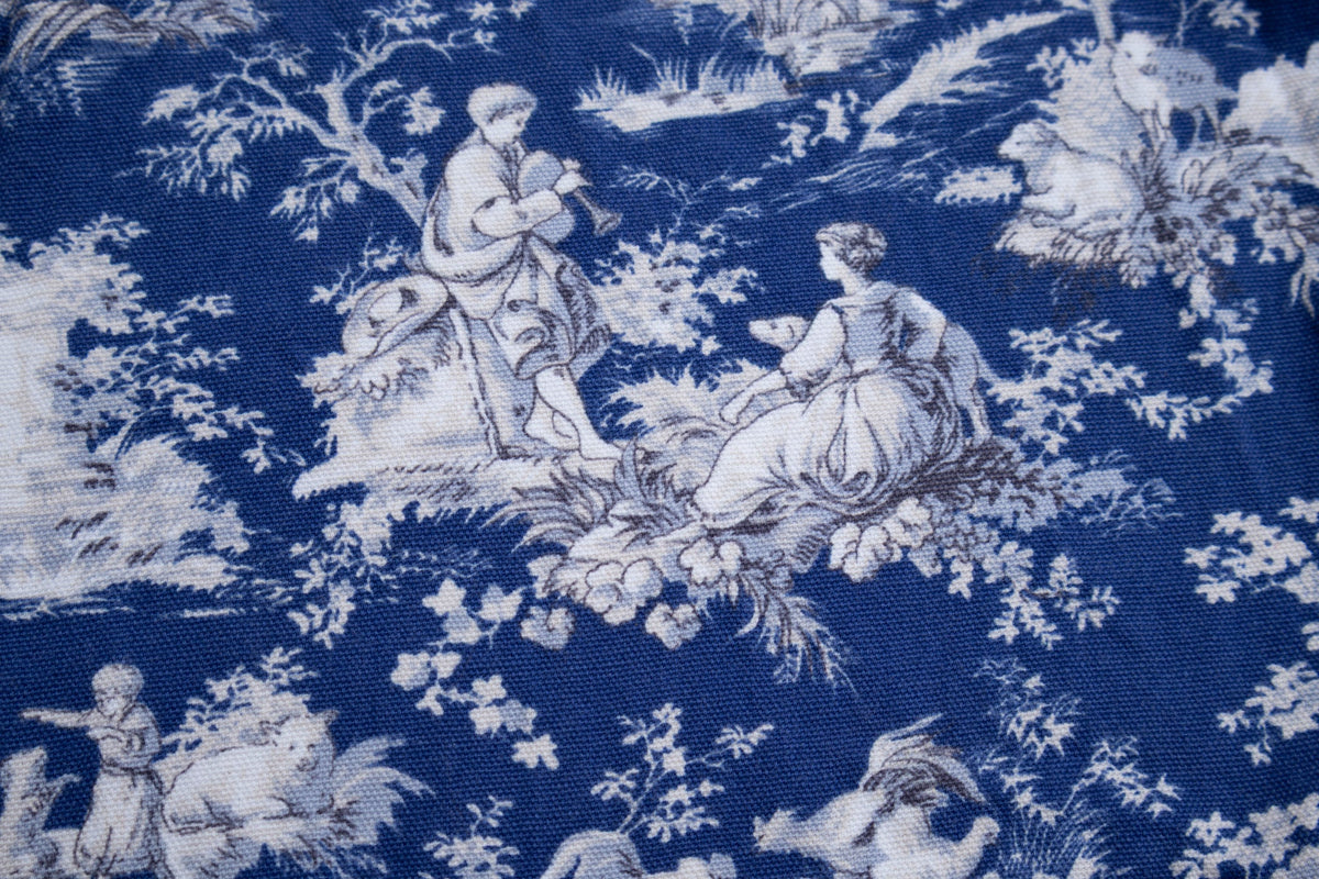Blue & White Toile de Jouy Kitchen Apron with Gray Ruffle