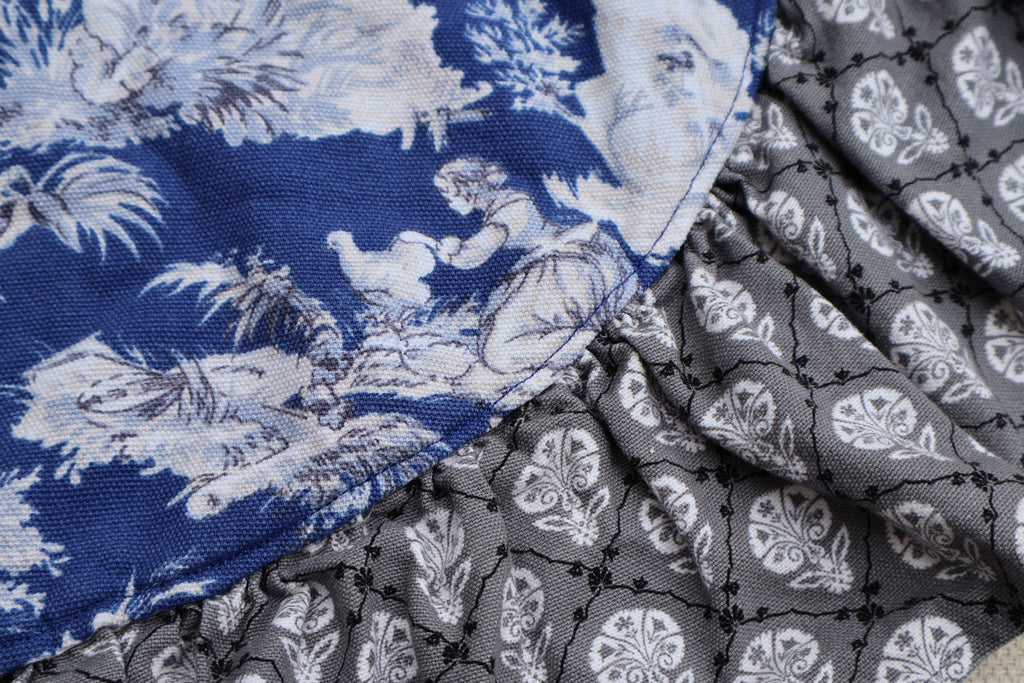 Blue & White Toile de Jouy Kitchen Apron with Gray Ruffle