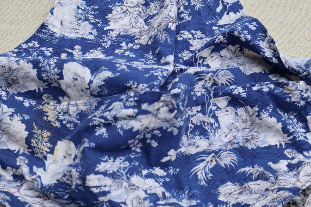 Blue & White Toile de Jouy Kitchen Apron with Gray Ruffle