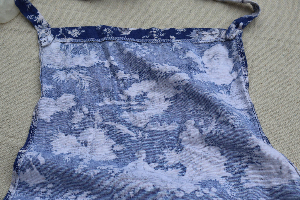 Blue & White Toile de Jouy Kitchen Apron with Gray Ruffle