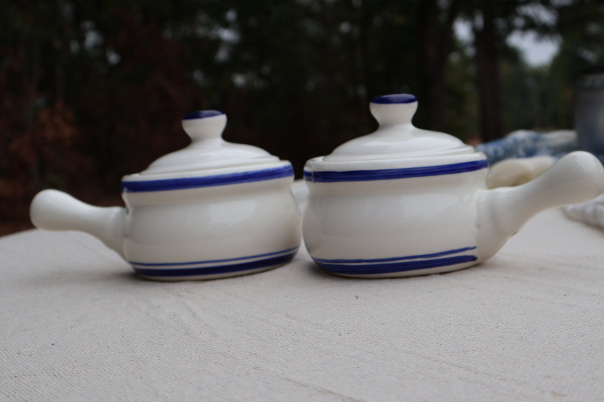 White Stoneware Handled Crocks with Blue Accents, Set of 2