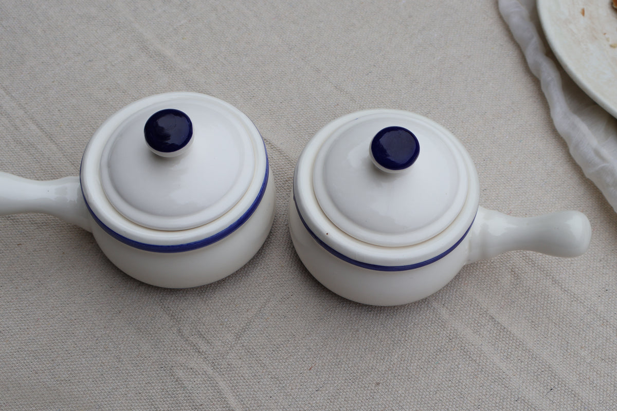 White Stoneware Handled Crocks with Blue Accents, Set of 2