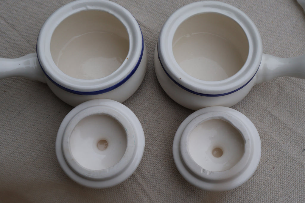 White Stoneware Handled Crocks with Blue Accents, Set of 2