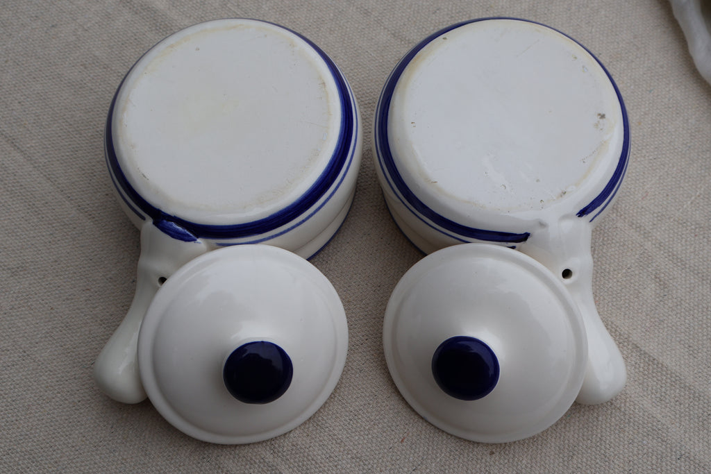 White Stoneware Handled Crocks with Blue Accents, Set of 2