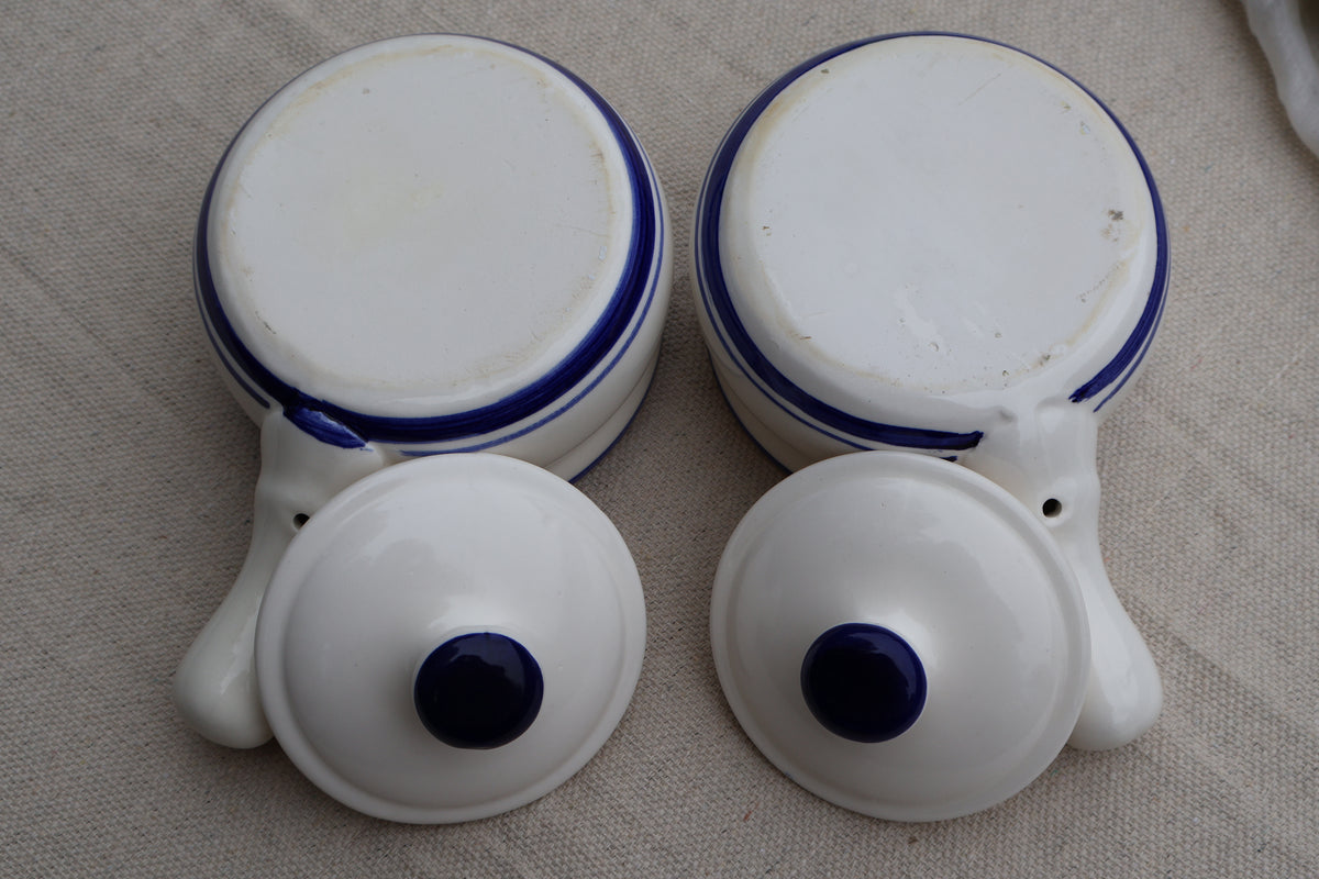 White Stoneware Handled Crocks with Blue Accents, Set of 2