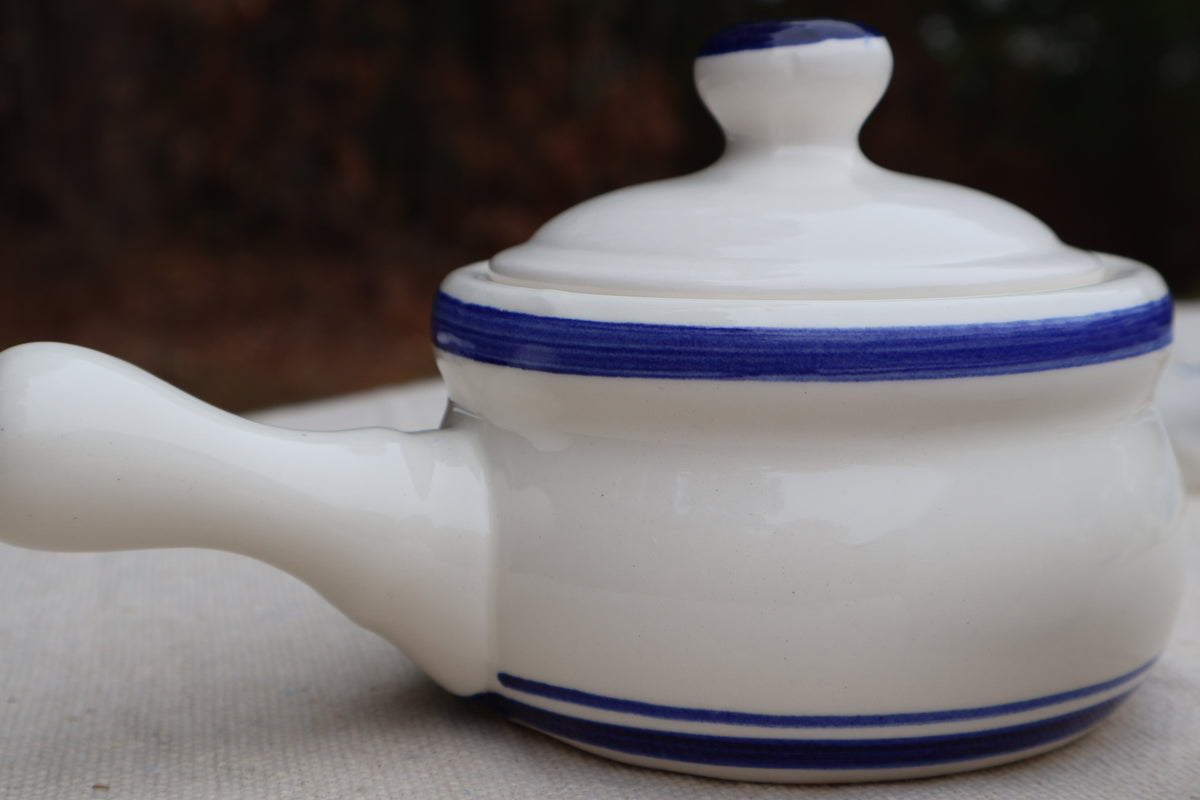 White Stoneware Handled Crocks with Blue Accents, Set of 2