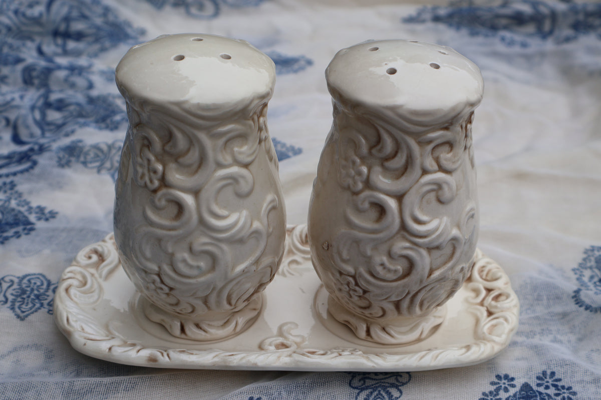 Napco Provincial White Salt & Pepper Shaker Set with Tray