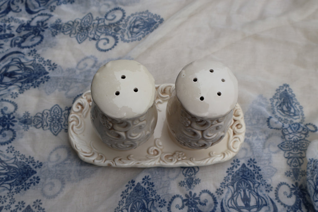 Napco Provincial White Salt & Pepper Shaker Set with Tray