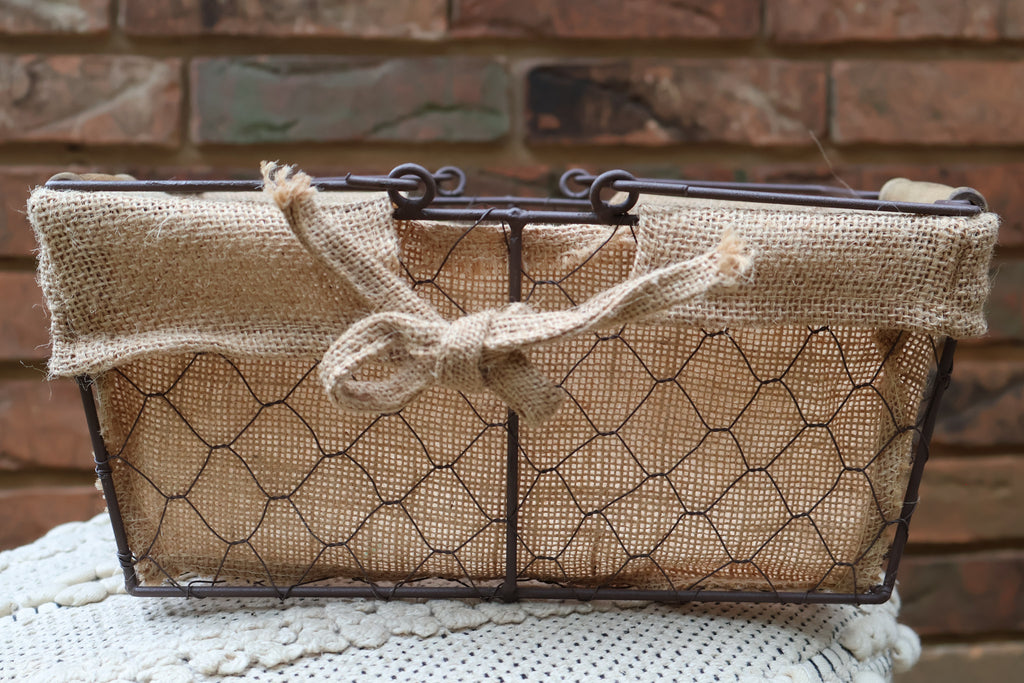 Rustic Chicken Wire Basket with Burlap Lining & Handles
