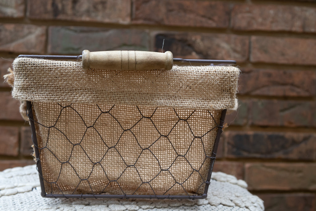 Rustic Chicken Wire Basket with Burlap Lining & Handles