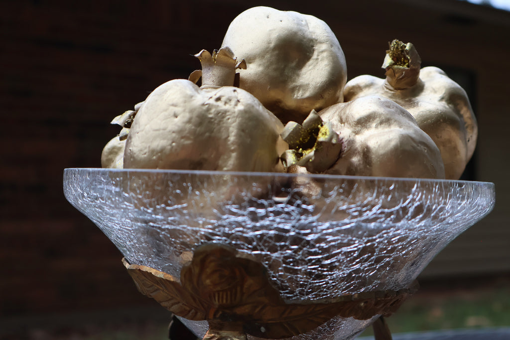 Vintage Crackled Glass Bowl & Brass Stand with 7 Golden Pomegranates