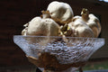 Vintage Crackled Glass Bowl & Brass Stand with 7 Golden Pomegranates