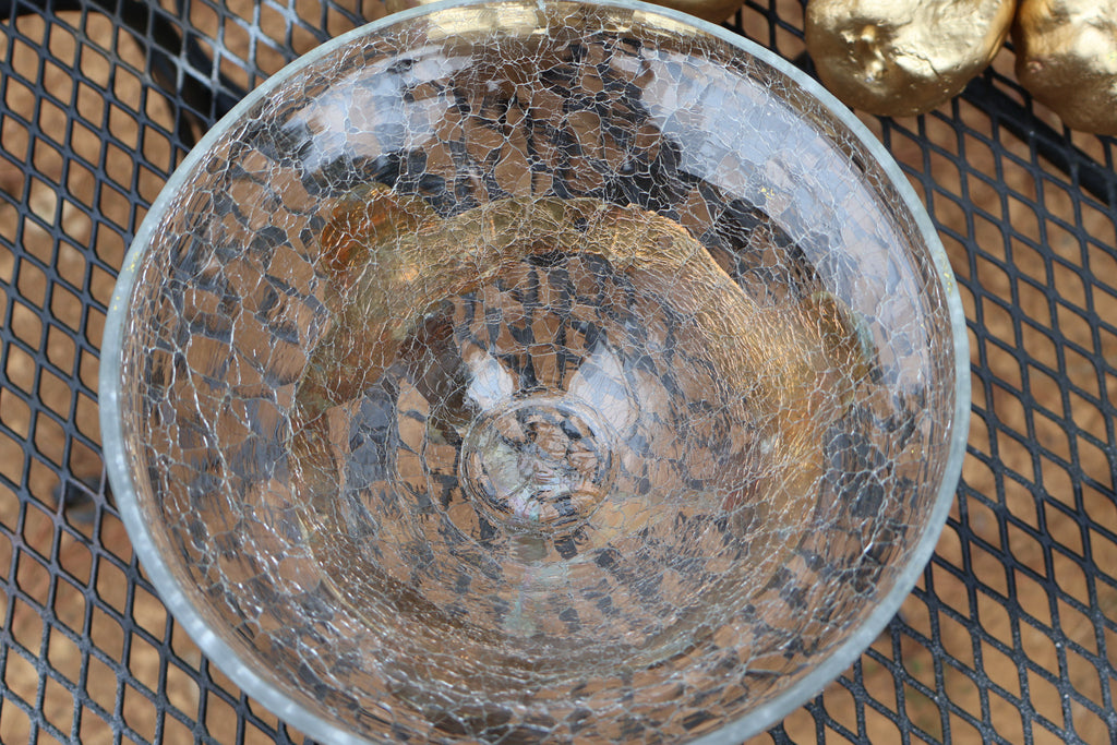 Vintage Crackled Glass Bowl & Brass Stand with 7 Golden Pomegranates