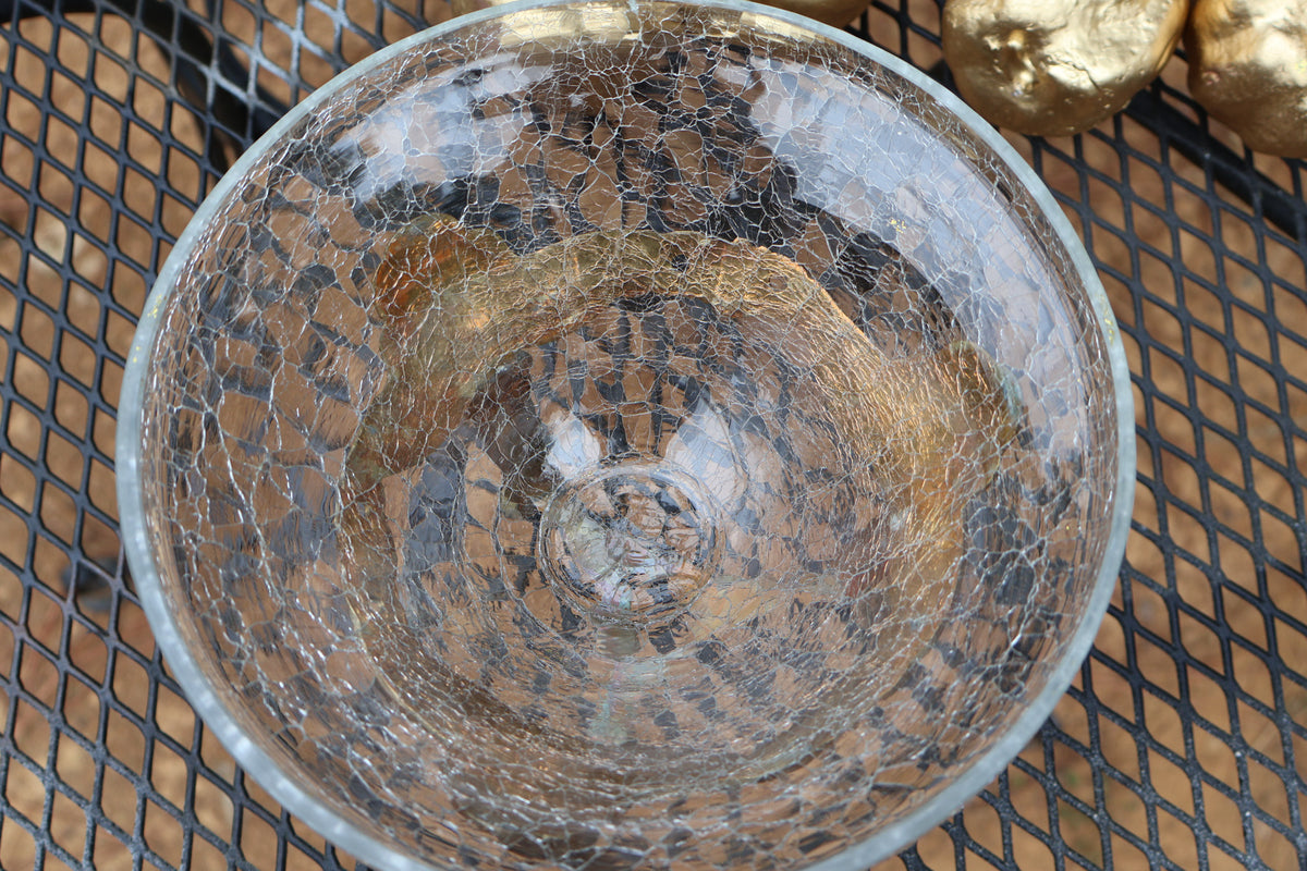 Vintage Crackled Glass Bowl & Brass Stand with 7 Golden Pomegranates