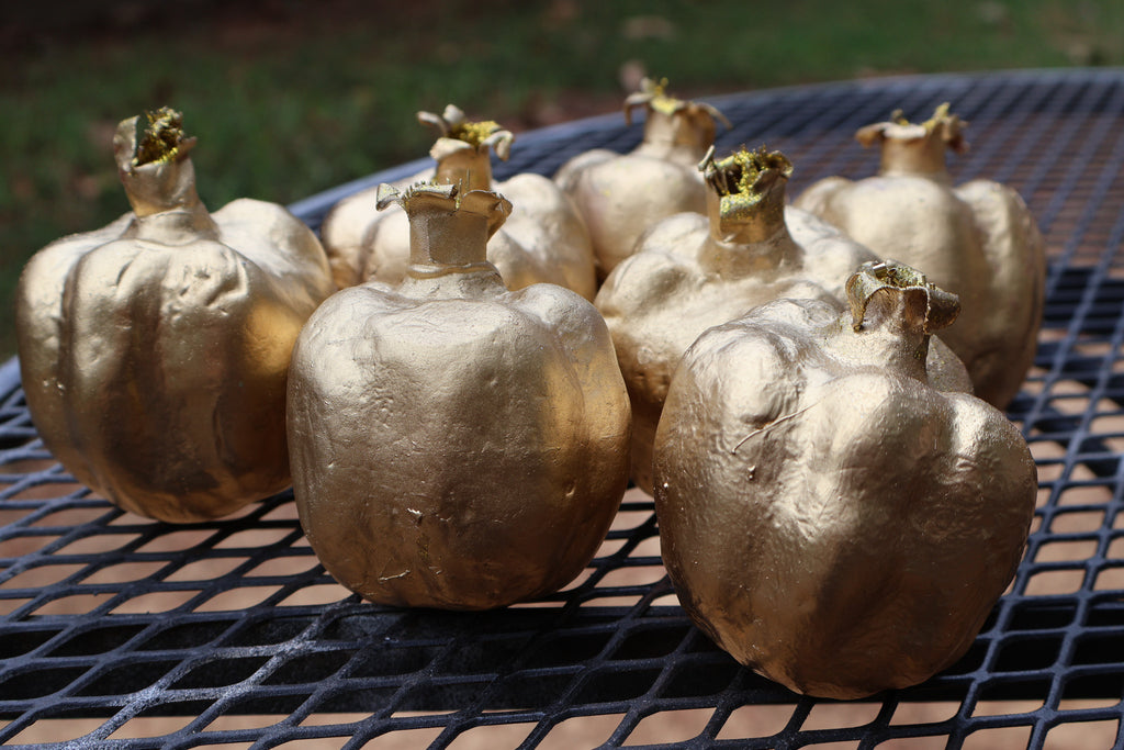 Vintage Crackled Glass Bowl & Brass Stand with 7 Golden Pomegranates