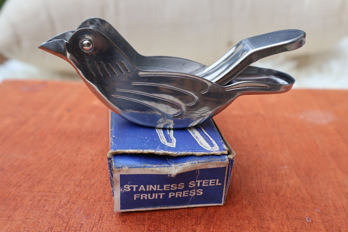Vintage Bird-Shaped Stainless Steel Fruit Press with Original Box – 1985