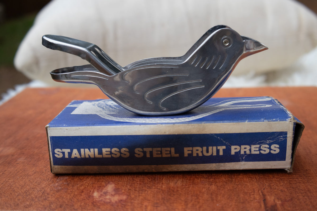 Vintage Bird-Shaped Stainless Steel Fruit Press with Original Box – 1985