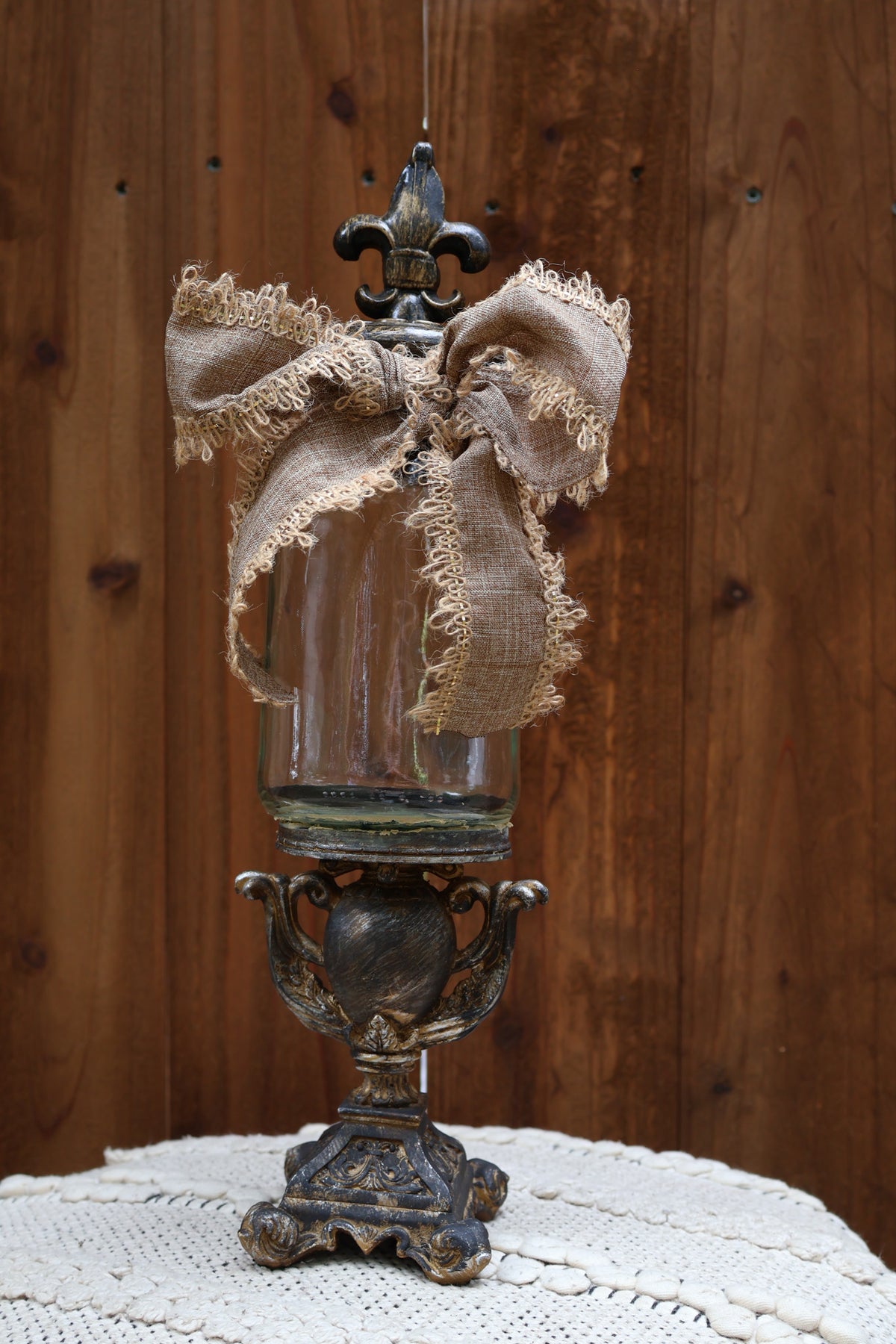 Handcrafted Black & Gold Decorative Pedestal Jar with Fleur-de-Lis Topper
