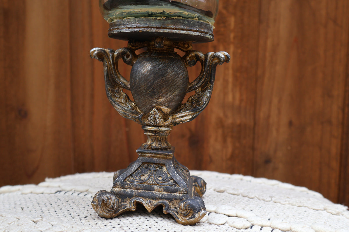 Handcrafted Black & Gold Decorative Pedestal Jar with Fleur-de-Lis Topper