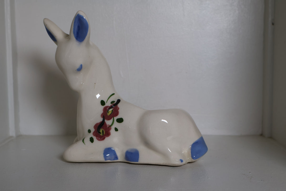 Vintage Ceramic Deer Planter with Pink Flowers