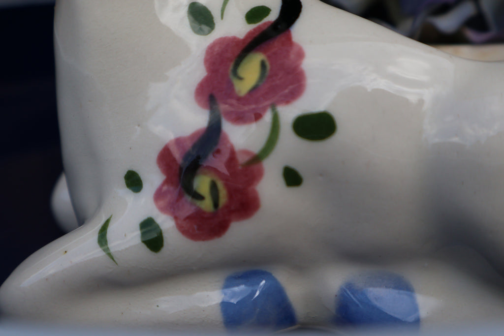 Vintage Ceramic Deer Planter with Pink Flowers