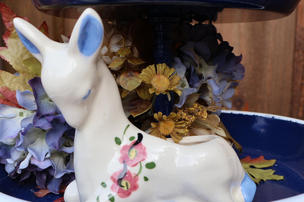 Vintage Ceramic Deer Planter with Pink Flowers
