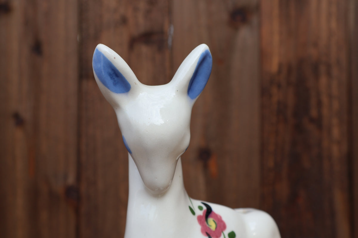 Vintage Ceramic Deer Planter with Pink Flowers