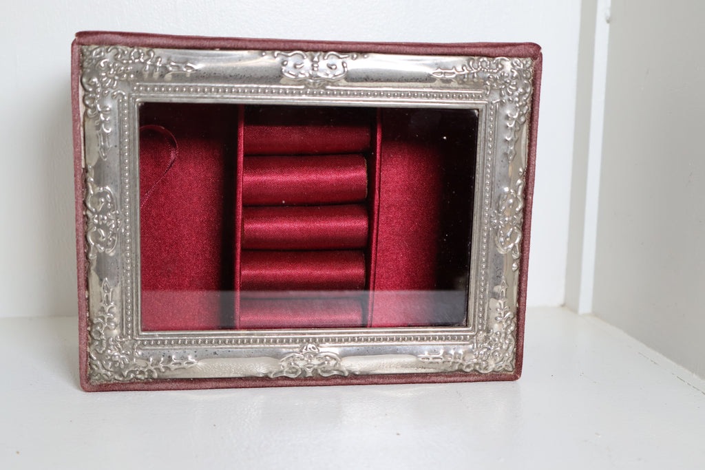 Vintage Silver-Framed Jewelry Box with Red Velvet Lining