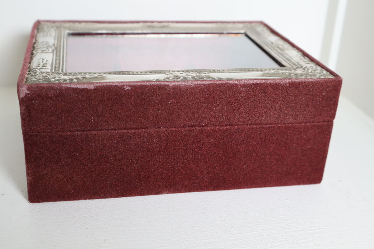 Vintage Silver-Framed Jewelry Box with Red Velvet Lining