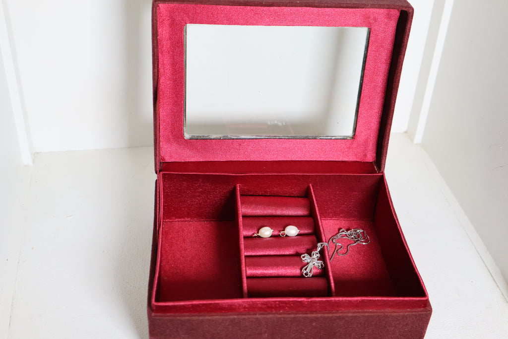 Vintage Silver-Framed Jewelry Box with Red Velvet Lining