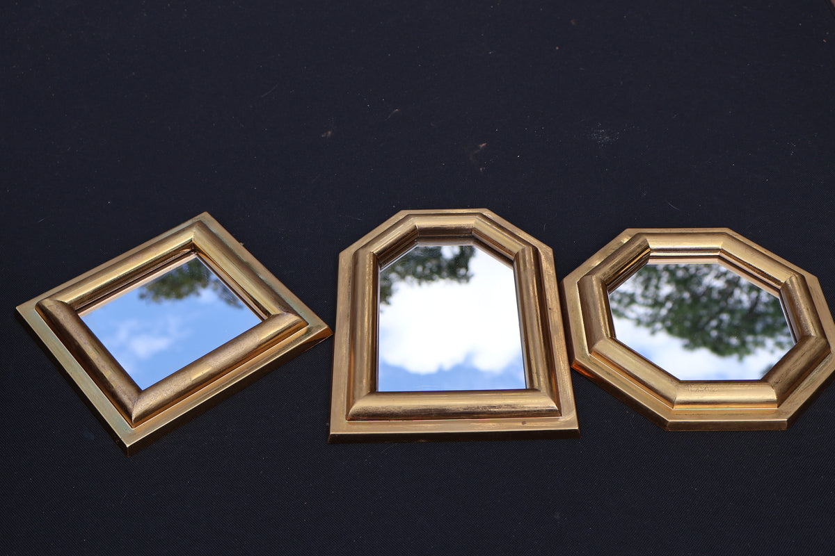 Vintage Geometric Gold-Tone Wall Mirrors – 3-Piece Set