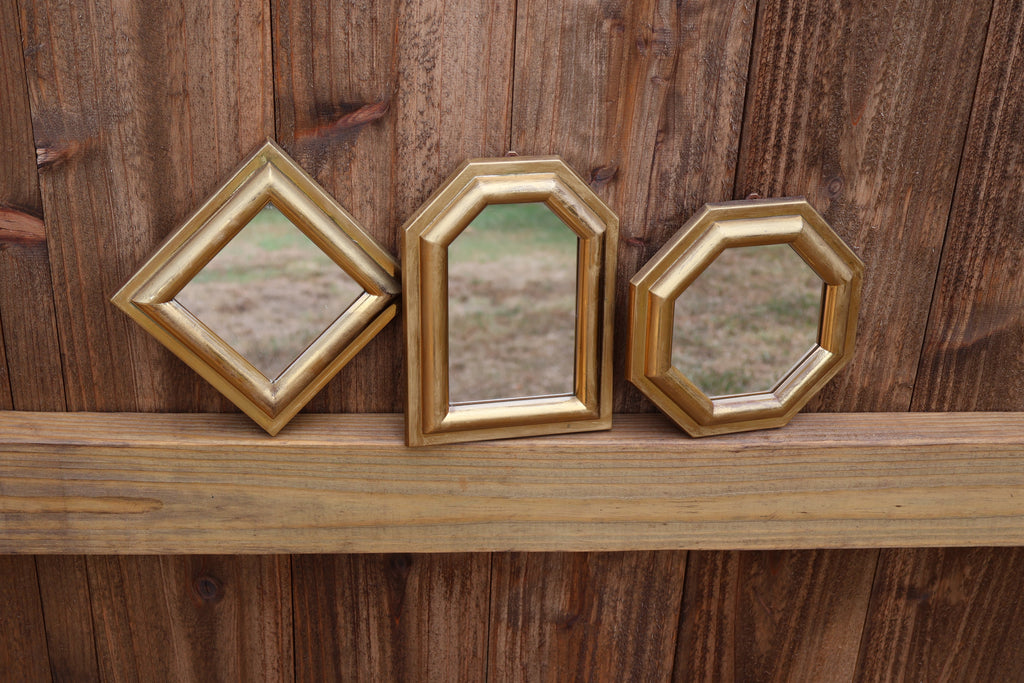 Vintage Geometric Gold-Tone Wall Mirrors – 3-Piece Set