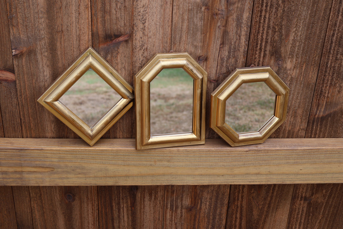 Vintage Geometric Gold-Tone Wall Mirrors – 3-Piece Set
