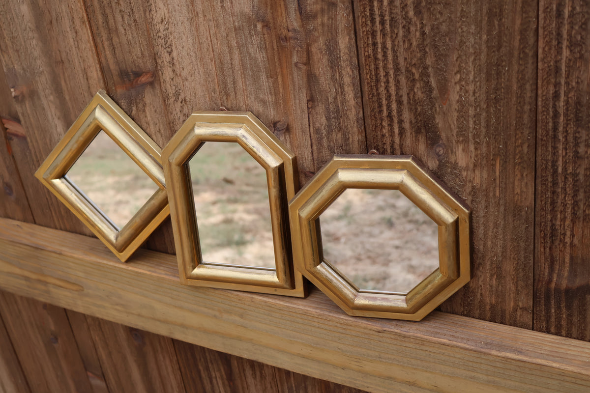 Vintage Geometric Gold-Tone Wall Mirrors – 3-Piece Set