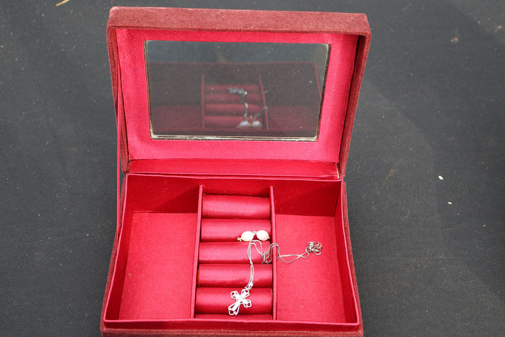 Vintage Silver-Framed Jewelry Box with Red Velvet Lining