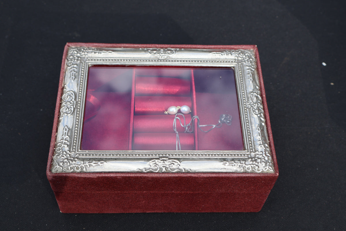 Vintage Silver-Framed Jewelry Box with Red Velvet Lining