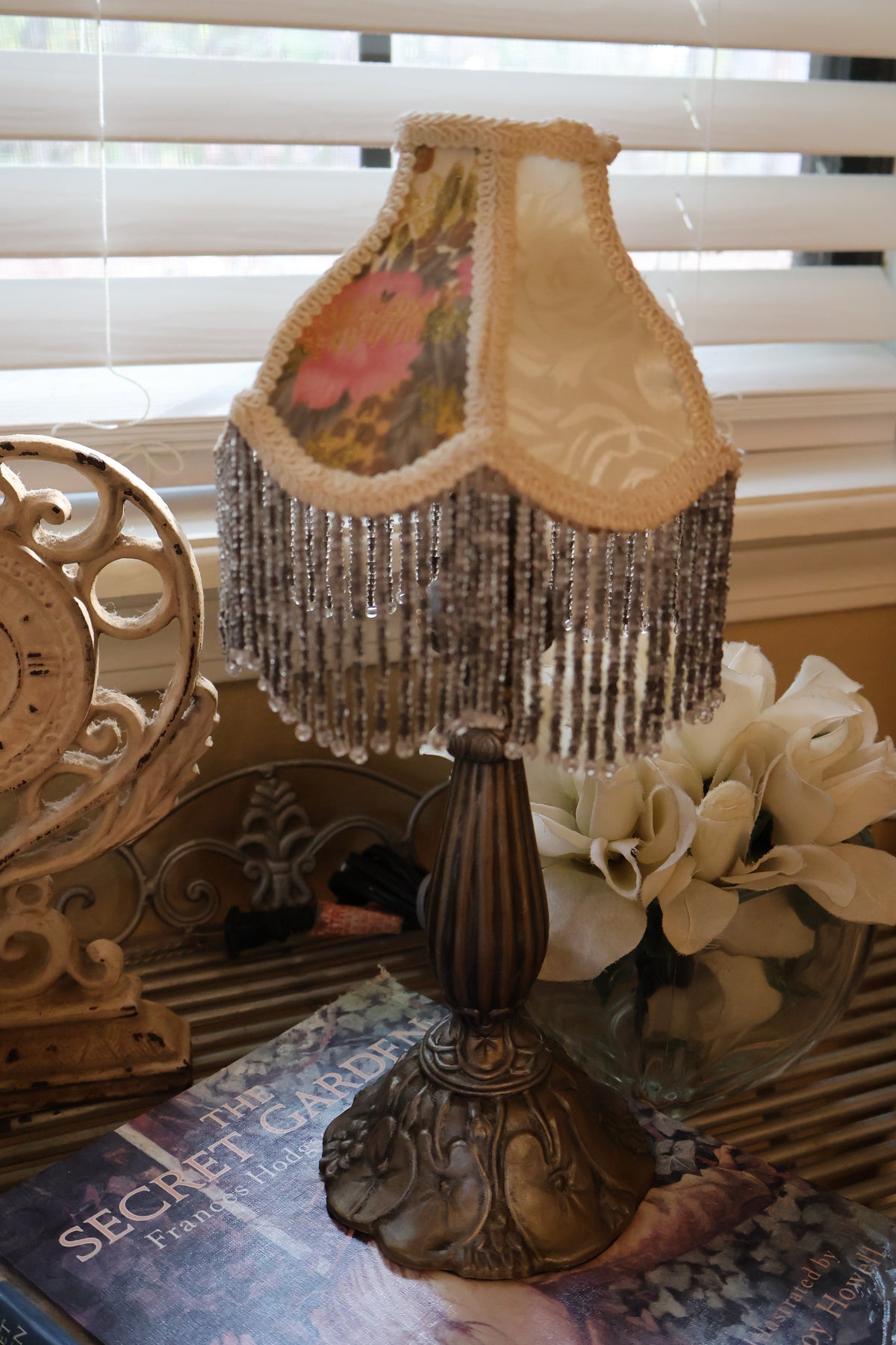Vintage Lily Pad Metal Lamp with Floral Beaded Shade