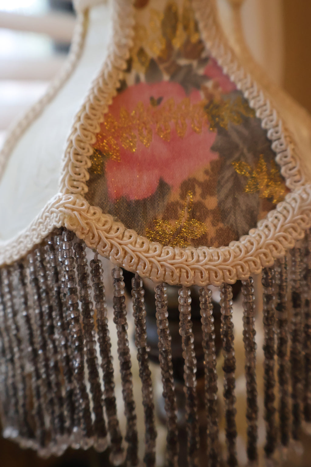 Vintage Lily Pad Metal Lamp with Floral Beaded Shade