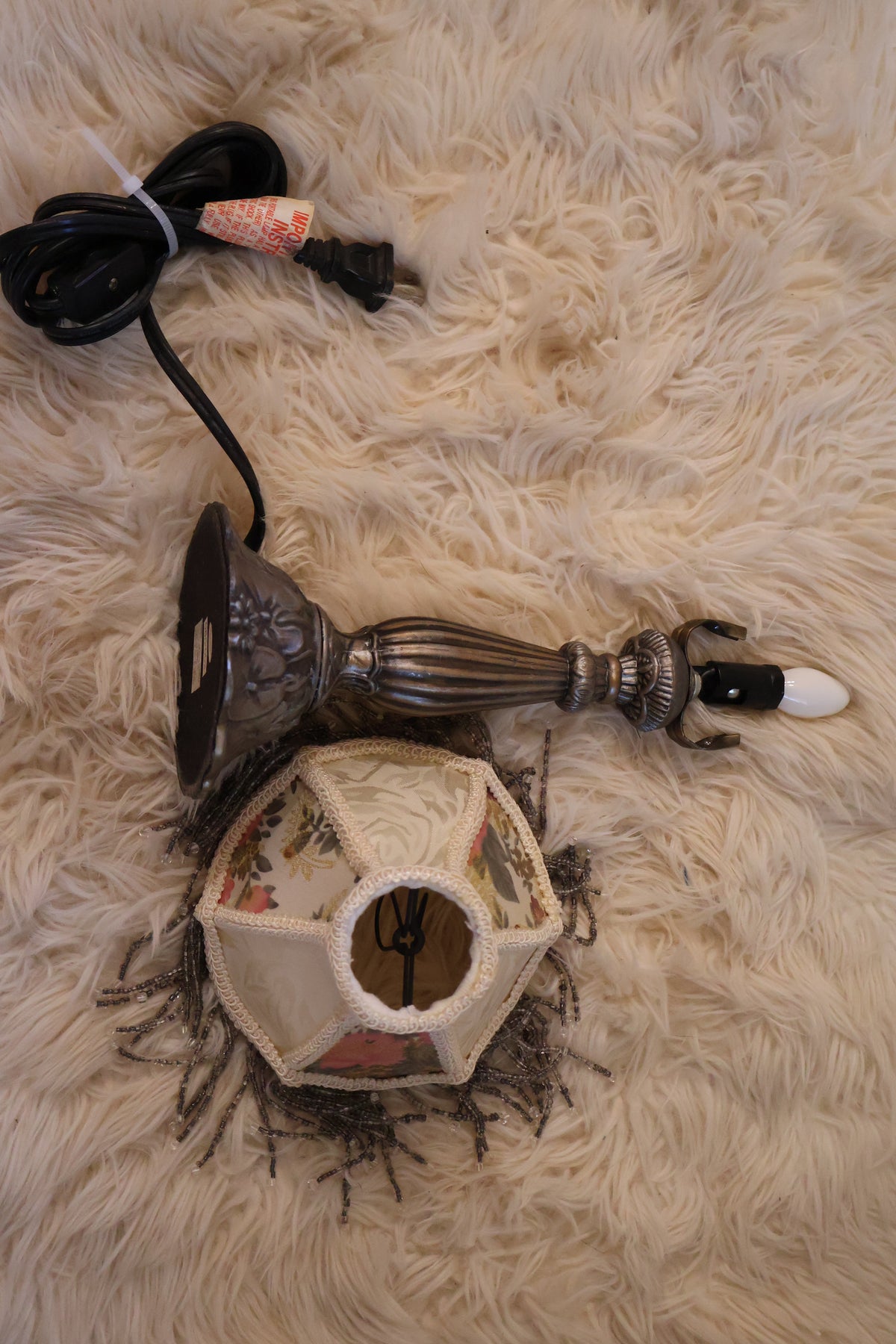 Vintage Lily Pad Metal Lamp with Floral Beaded Shade