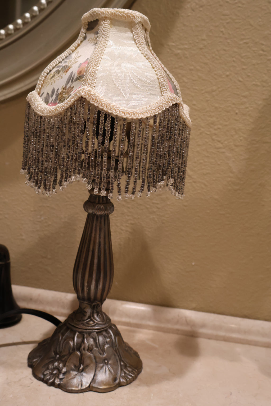 Vintage Lily Pad Metal Lamp with Floral Beaded Shade