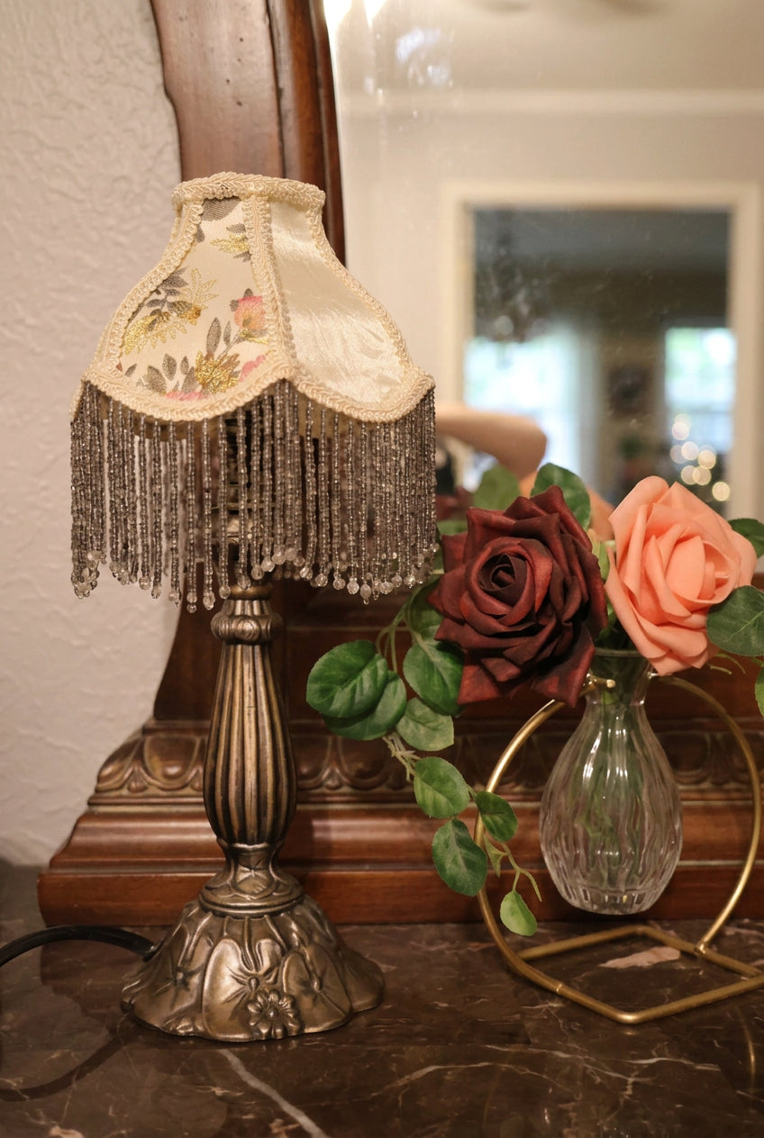 Vintage Lily Pad Metal Lamp with Floral Beaded Shade