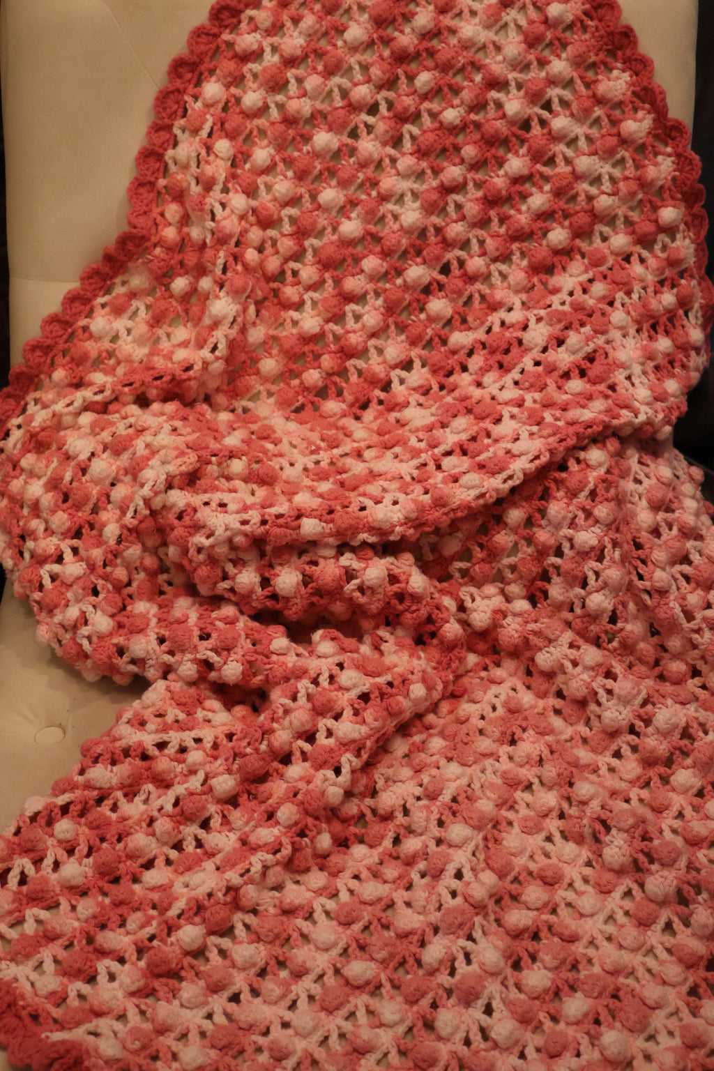 Handmade Pink & White Crochet Throw with Scalloped Edge