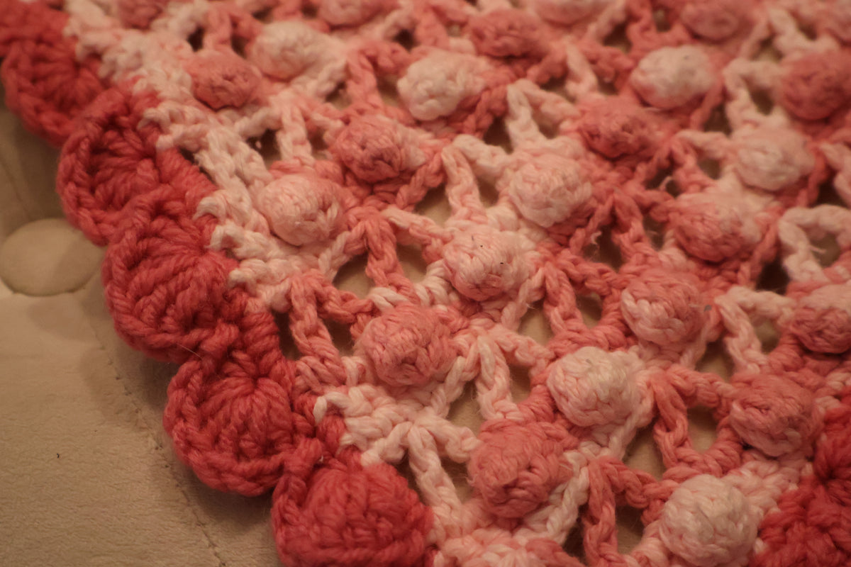 Handmade Pink & White Crochet Throw with Scalloped Edge