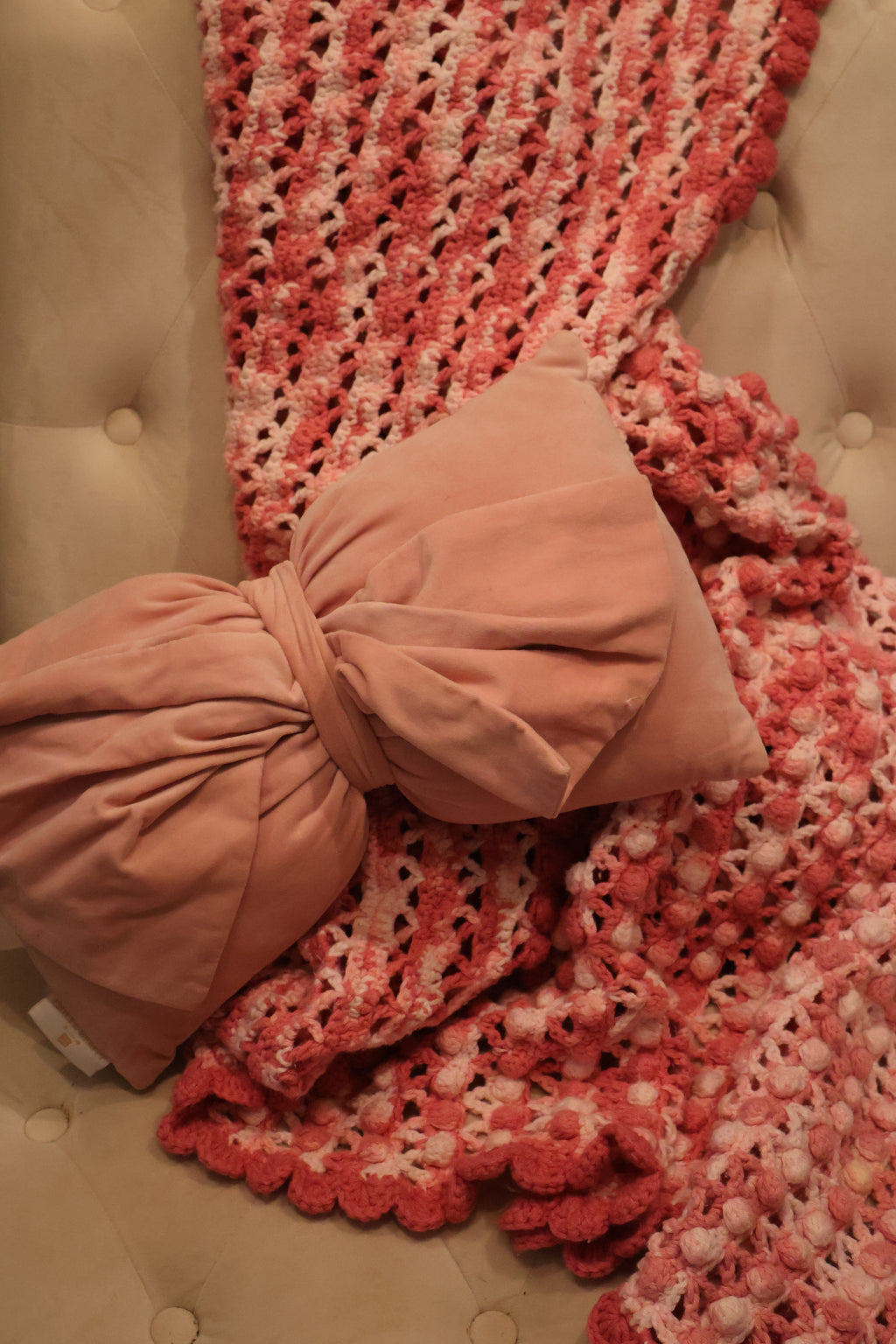 Handmade Pink & White Crochet Throw with Scalloped Edge