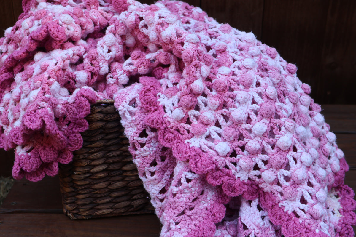 Handmade Pink & White Crochet Throw with Scalloped Edge