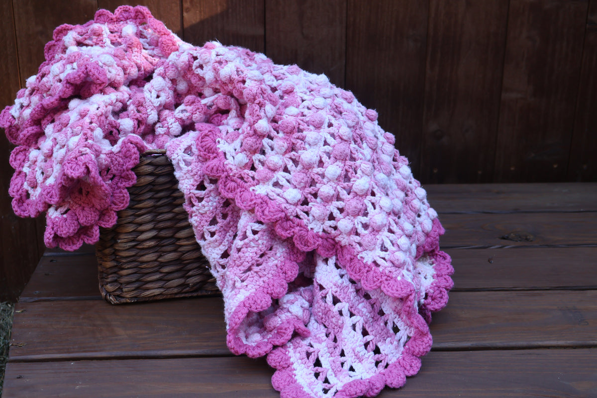 Handmade Pink & White Crochet Throw with Scalloped Edge