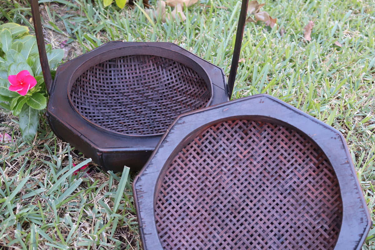 Vintage Octagonal Wooden Japanese Wedding Basket with Lid