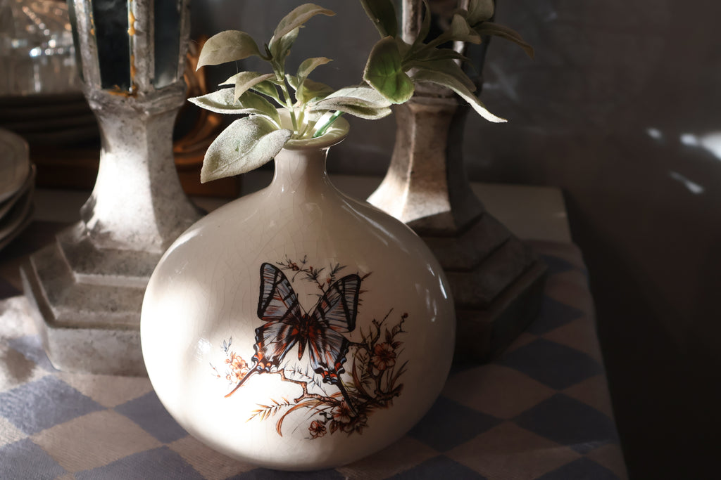 Vintage Crackle-Glazed Butterfly Vase – 7" Tall