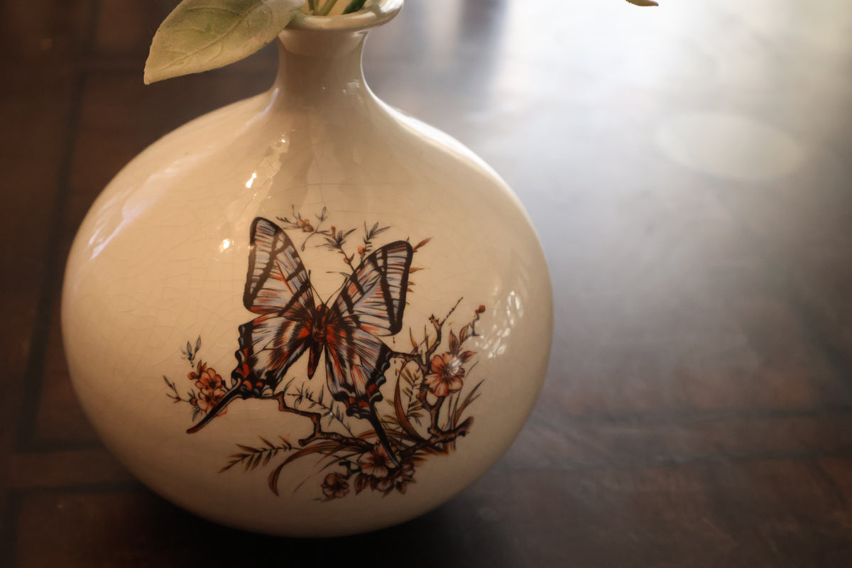 Vintage Crackle-Glazed Butterfly Vase – 7" Tall